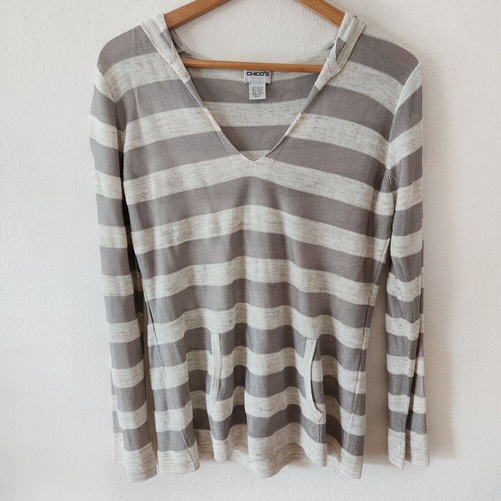 Chicos Striped Hooded V Neck Lightweight Shirt Top Tan Gray Size 1 Linen Blend
